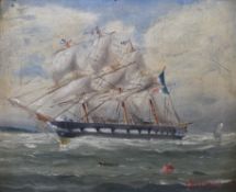An oil on board of a French three masted sailing ship,