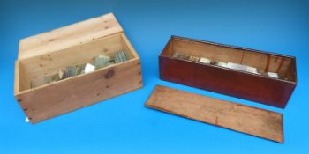 Two oblong wooden boxes of microscope specimen slides including pathology, physiology, botanical,