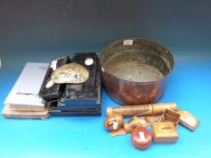 A collection of Mauchline ware items including High St Stroud, an Indian painted oyster shell,