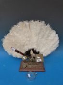 A set of brass Mordan postal scales and weights together with a feather fan