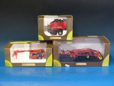 Three Universal Hobbies 1:32 scale diecast model farm implements, Massey Fergusson 169V bailer,