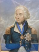 A framed Baxter print of Admiral Lord Nelson in naval dress with ships to background (10.5 x 7.
