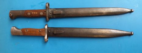 Two WW1 unmarked but Wilkinson type bayonets, 25cm length blades 20892 on one hilt,