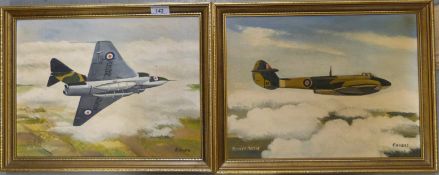 A set of eight framed oil on board of vintage Gloster aircraft by R.M.