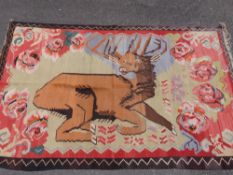 Two kilim style wall hanging rugs with bold pictorial design (213 x 218cm)