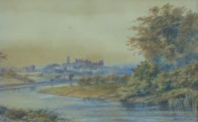 A watercolour of Lancaster Castle with river to foreground (22 x 36cm) Signed and dated Rampling 80
