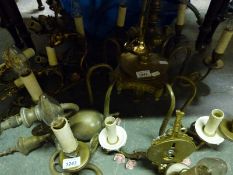 Brass chandelier, pair of ceramic wall lights,