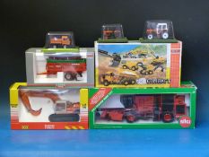 Seven diecast model tractors, farm implements and construction sets by Joal, Siku,