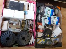 Two trays of fishing hooks and lines including trout and salmon lines,