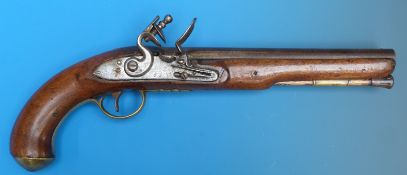 A Flintlock holster pistol with proof marks to the barrel and brass mounts,