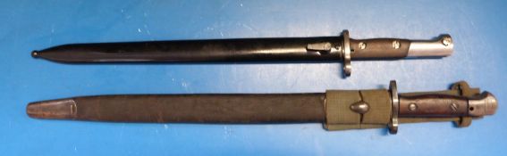 A 1907 Sanderson bayonet in scabbard with webbing belt loop, 43cm blade,