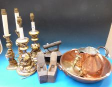 A quantity of metalware to include copper bowl, candlestick,