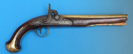 A Parkes of London percussion holster pistol with engraved brass barrel and mounts, acorn finial,