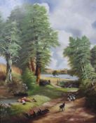 Two Barry Robinson oils on board 'The Cornfield after Constable' (60 x 44cm) and 'The Village