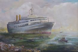 D  Aldridge: Oil on canvas of SS Canberra returning home from the Falklands (59cm x 70cm)