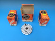 Three Hardy fly fishing spare spools for Viscount reels, all unused and in original boxes.