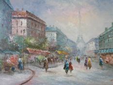 P Oaston: Oil on canvas of Paris street scene with the Eiffel Tower in the background (60cm x 90cm)