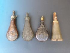 Two copper powder/ shot flasks, one by James Dixon & Sons embossed with shooting scene,