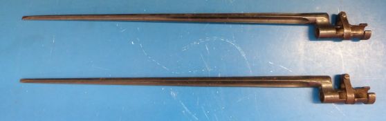 Two late 19th century Russian socket bayonets with quadrangular blade, one  43cm length.