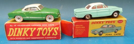 Two Dinky Toys diecast model cars, Ford Capri 143 and Volkswagen Karmann Ghia coupe 187,