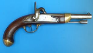 A continental percussion service pistol with brass mounts, circa 1850.