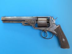 A wooden cased 54 bore wedge framed revolver with a collection of accessories including flask,