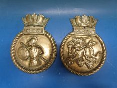 An HMS Aeneas brass tampion together with a similar example for HMS Scorcher (height 22cm)