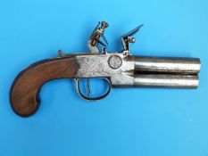 A Hill of London over and under flintlock tap action pistol with naming and engraving to the locks