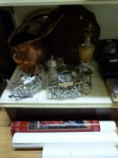 A pair of Art Deco style light fittings, an onyx desk stand, a lamp, a copper coal bucket,