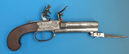 A Horday & Ryder triple barrelled tap action flintlock pistol with retractable bayonet,