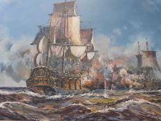 S Harvey: Pair of oil on canvas paintings of ships in battle (each 60cm x 90cm)