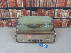 A vintage travelling trunk with GWR and Cunard Mauretania labels together with another vintage
