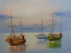 Oil on canvas of a sailing ship indistinctly signed, possibly Ambroze (60cm x 90cm),