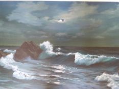 John Hewitt oil on board of a Cornish coastal scene (50cm x 90cm) together with an oil on board of