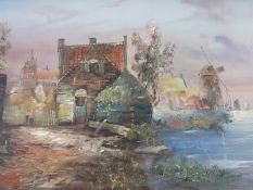 A set of three oils on canvas of Dutch canal scenes (each 60cm x 90cm) indistinctly signed possibly