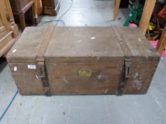 An 18th/19thC metal bound oak chest with felt lined trays interior and brass plaque 'Rev J.