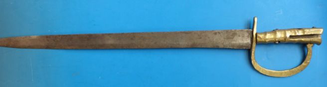 A brass-handled 19thC bayonet with hand guard, 55.5cm unfullered blade (63.8 to tip of handle).