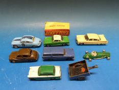 Seven Dinky Toys diecast model vehicles to include a Volkswagen Karmann Ghia coupe 187 in original