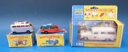 Three Matchbox diecast model vehicles, K-6 King size Mercedez Bens 'Binz' Ambulance,