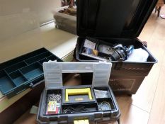 A fishing box seat, bank stick and equipment including reels etc,