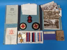 Three WW2 medals and ribbons awarded to Mr  R G Coates, his certificate of service,