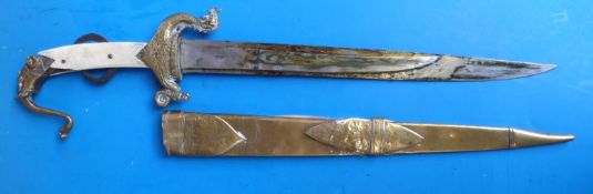An 18thC/19thC Indian triple-bladed dagger with ornate handle and brass sheath,