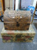 A domed leather studded trunk with iron fittings together with another box,