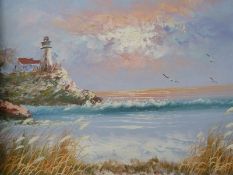 Eight modern oil on canvas paintings including boats in a harbour,