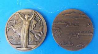 A 1935 SS Normandie bronze medallion together with a 1955 transatlantic medallion
