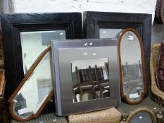 Two lacquered black framed mirrors together with a retro square mirror etc