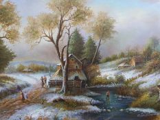 M Davidson: Two oil on canvas paintings of winter scenes (each 80cm x 90cm)