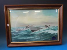 An oil on board of two surfaced U-boats,