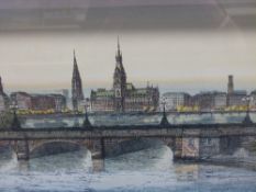 A pair of waterfront city scene coloured engravings signed Menzel (28cm x 90cm)