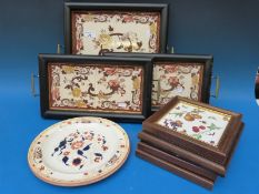 A quantity of Masons tile trays and teapot stands together with two 19th century plates